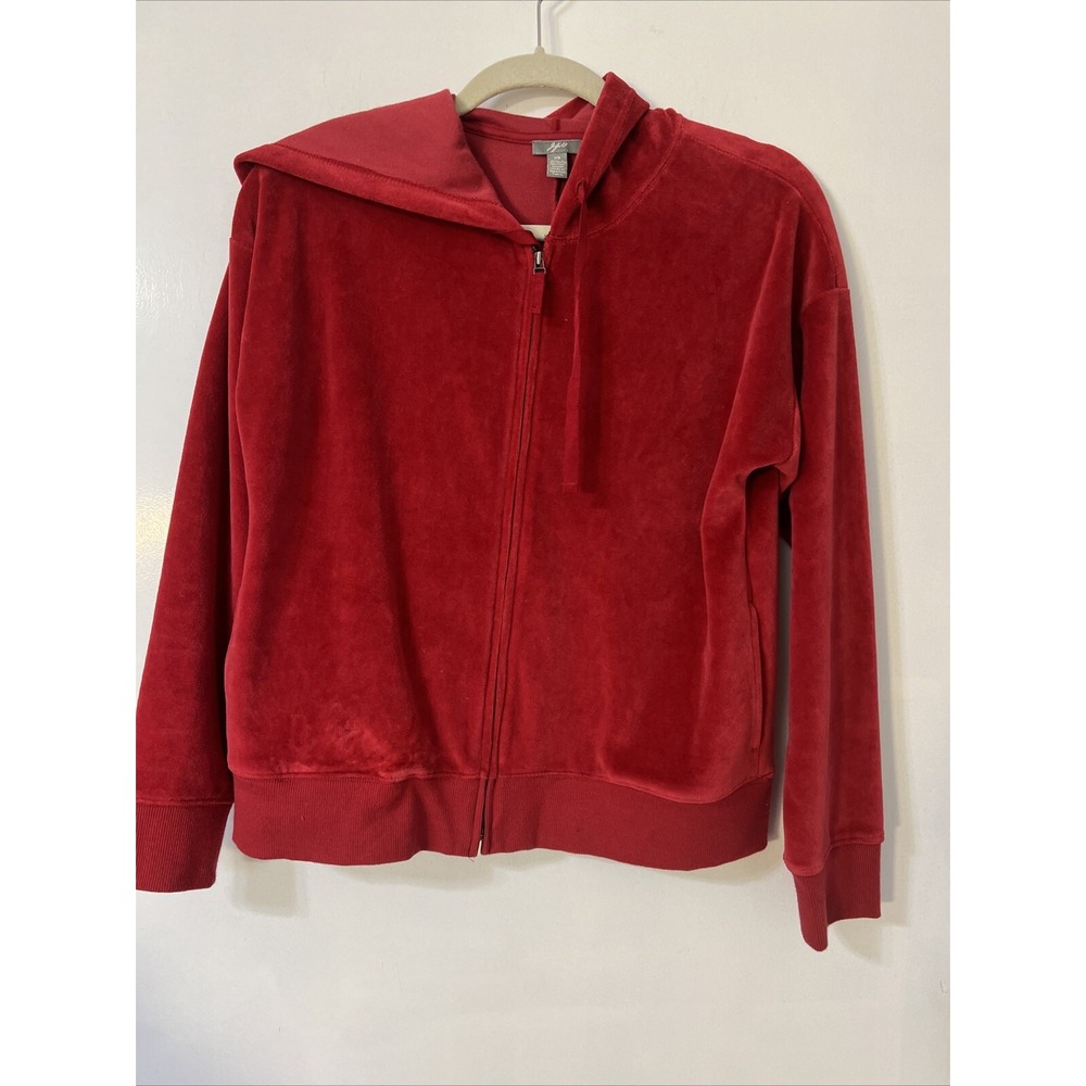 J. Jill XS Red Velvet Velour Full Zip Front Hooded Jacket Pockets Long Sleeve